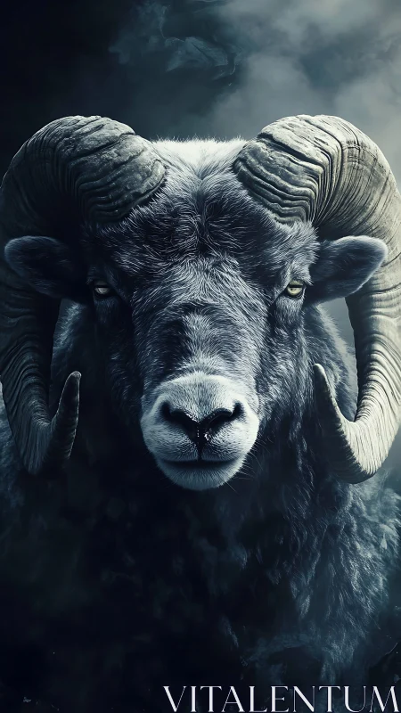 Majestic ram portrait rendered in dramatic photoreal contrast