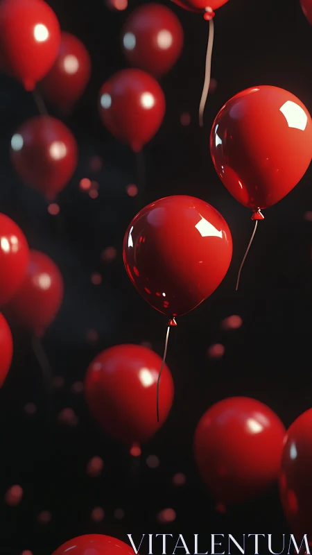 Luminous Red Balloons Suspended Against Black Void.