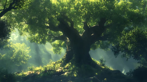Majestic ancient tree in sunlit forest, fantasy illustration style.