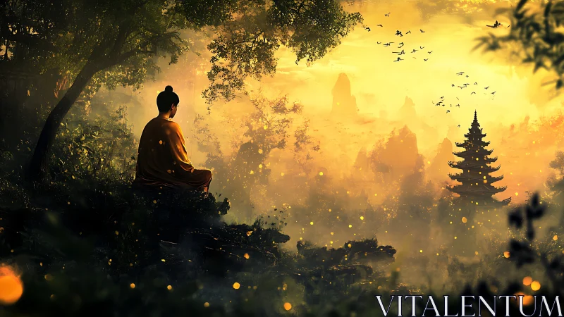 Monk in ember mist gazes toward a dreaming mountain pagoda.