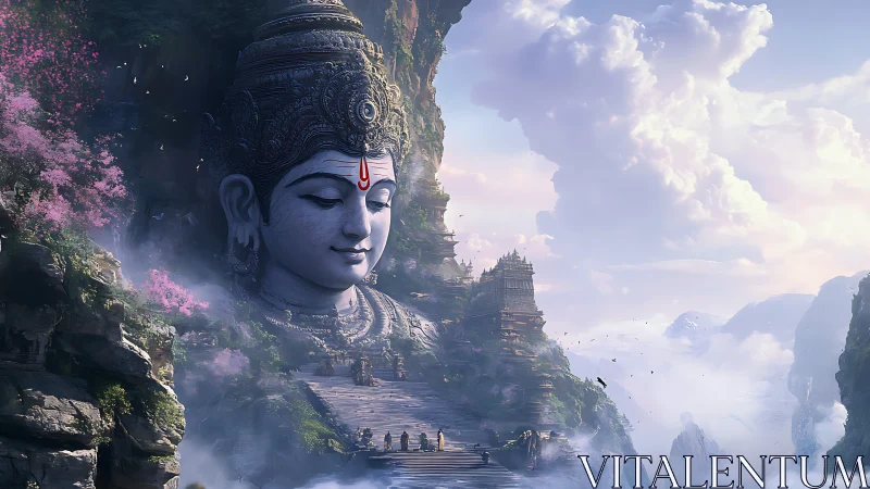 Colossal cliffside deity sculpture integrated with misty mountain temples