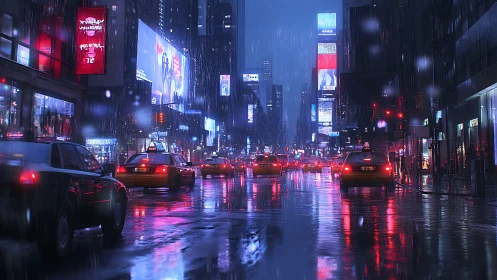 Rain-soaked city street shows taxis under neon billboards at night