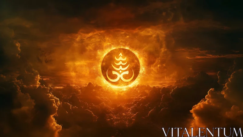Solar sigil igniting stormy celestial clouds in amber glow.
