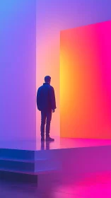 Silhouetted figure stands on platform before gradient light wall