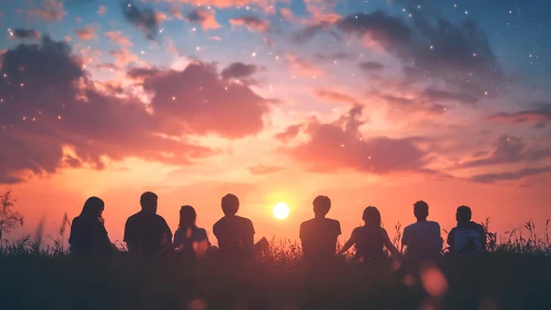 Friends watch a glowing sunset sky in quiet togetherness
