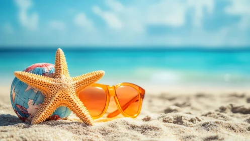 Summer starfish, orange sunglasses and globe on sandy beach.