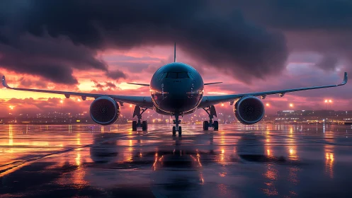 Sunset-lit jet airliner waits on a glowing wet runway