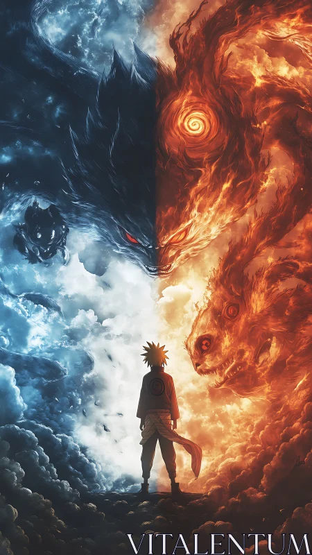 Stormlit hero walks the molten border between ice and flame