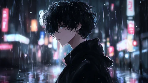 Young male figure in rain on neon lit urban street at night.