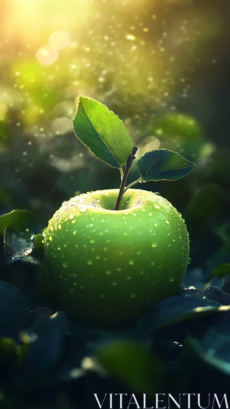 Green apple rests in dewy leaves under warm morning light