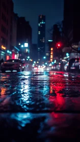 Wet night city street shot with shallow depth and neon bokeh