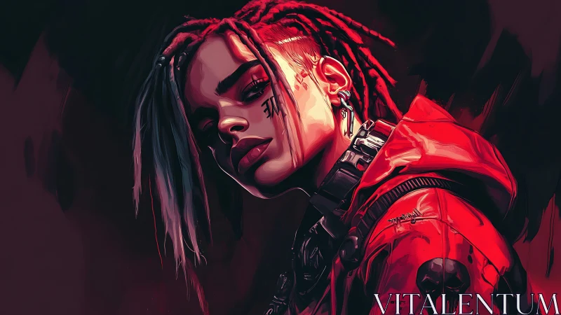 Cyberpunk rebel portrait with red dreads and hooded jacket.