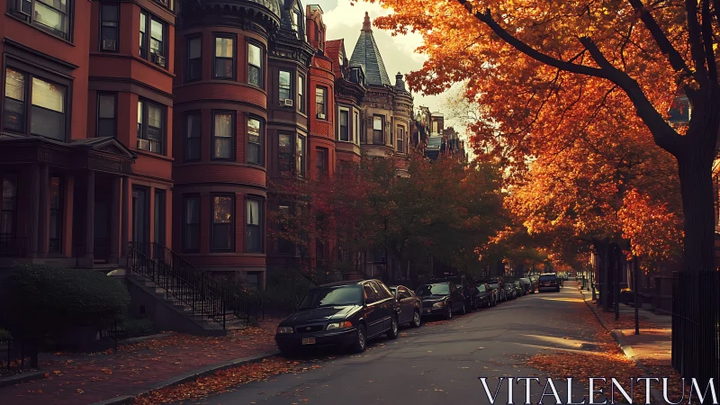 Autumn-lit brownstone streetscape with longitudinal perspective.