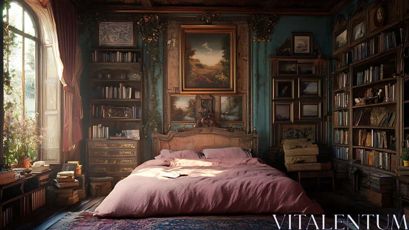 Sunlit library bedroom where old books cradle soft dreams.