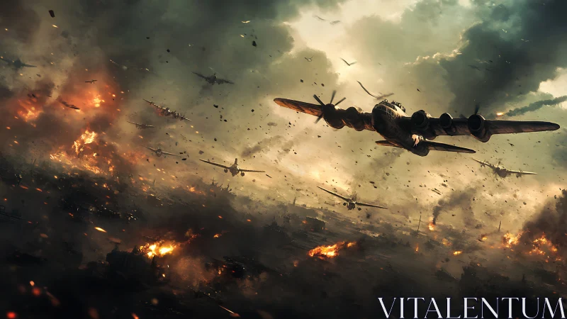 Roaring bombers slice through burning skies over a war-torn city