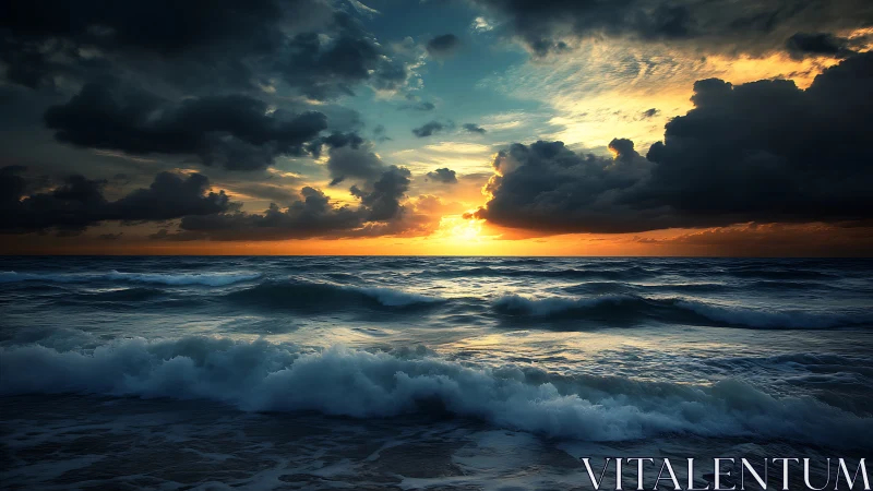 Dynamic ocean wave field under high-contrast storm sunset.