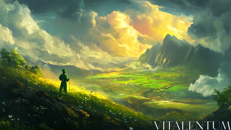 Figure overlooking illuminated valley and distant mountains.