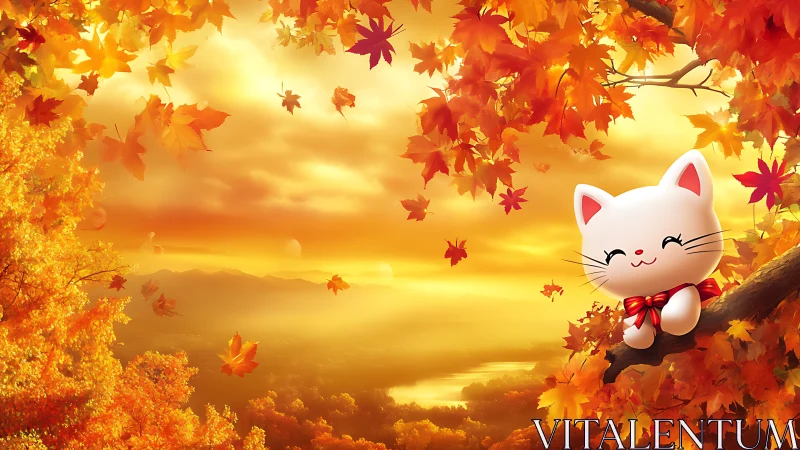 Autumn's Charm: A Lucky Cat Among Falling Leaves.