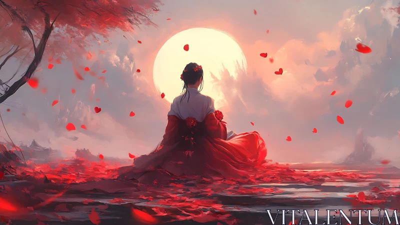 Backlit robed silhouette before oversized solar disc at dusk.