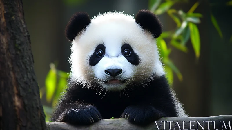 Wide-eyed bamboo dreamer, baby panda in soft forest hush.
