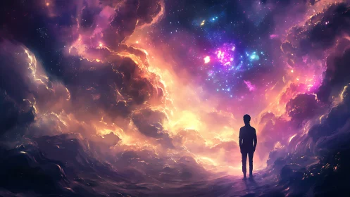 Silhouette confronts luminous cosmic nebula horizon glow