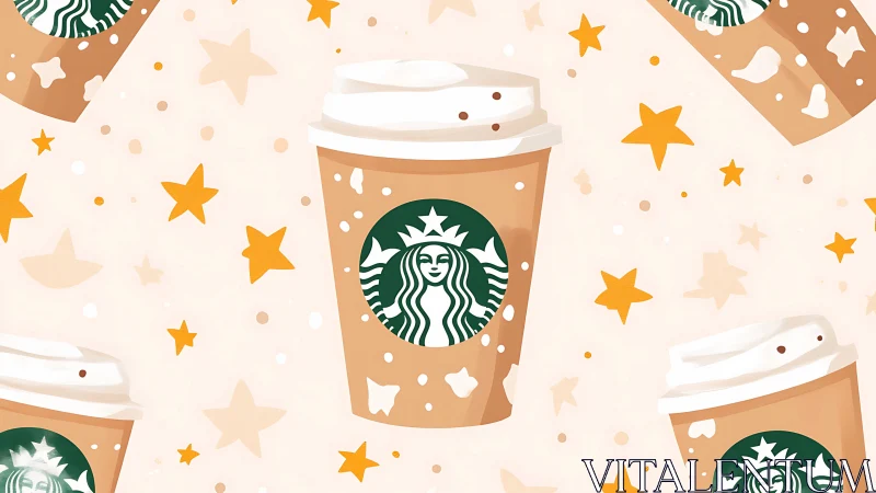 Branded takeaway coffee cups repeat across a stylized pattern