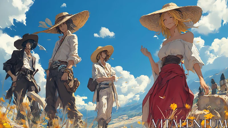 Group of figures stands in rural field under clear blue sky