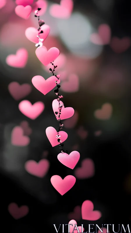Cascading Pink Hearts Connected by Black Vines Against Bokeh Background