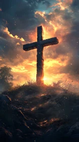 Stone cross crowns burning hill under blazing sunset sky