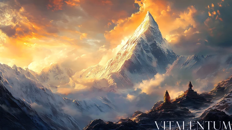 Sunlit summit listens quietly to pilgrims in blazing robes