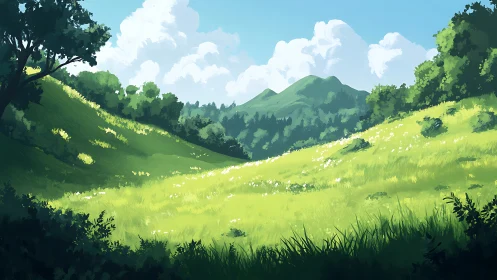Digital painting of sunlit meadow valley with distant hills.