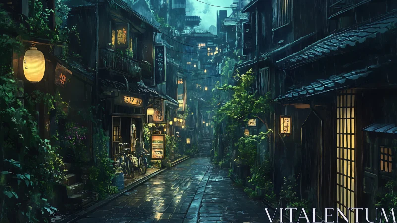 Rain-soaked Japanese alley glows with warm lantern light