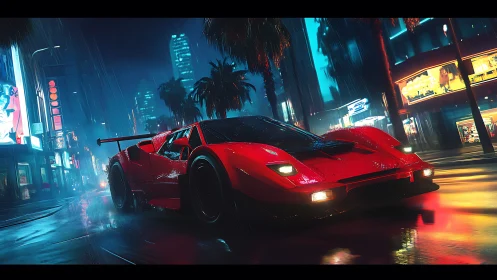 Red sports car moves through wet neon city street at night