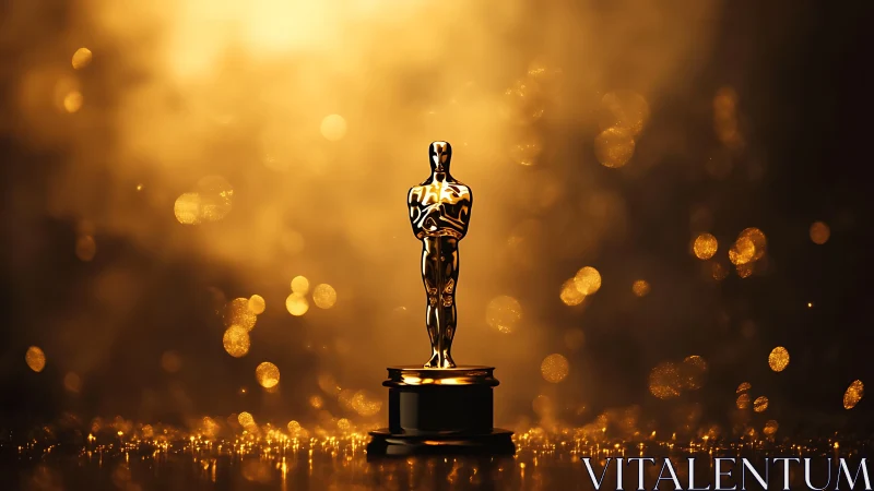 Cinematic golden award statuette on reflective pedestal stage