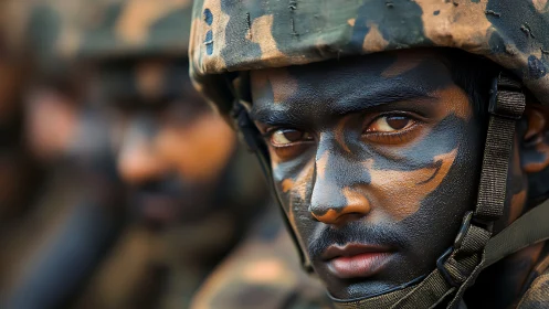 Soldier’s intense gaze conveys focus amid camouflaged ranks