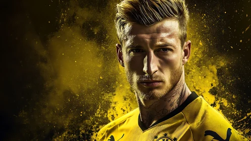 Chromatic portrait of soccer athlete amid dynamic yellow aerosol.