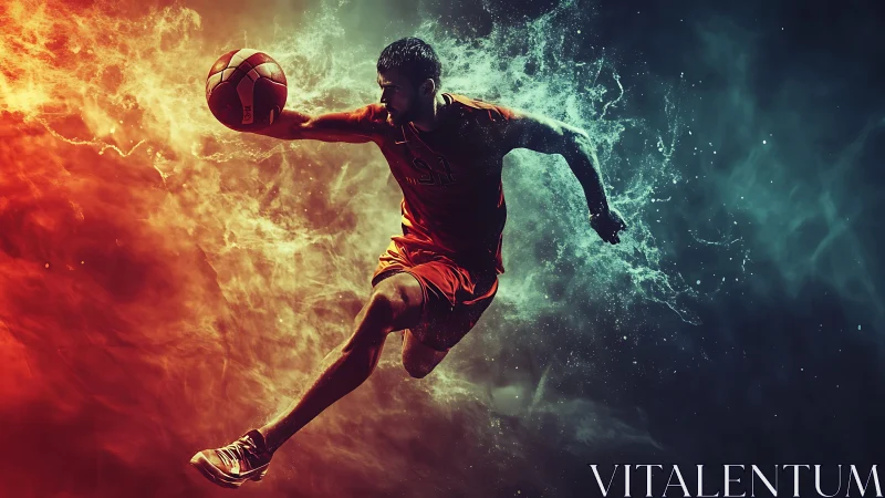 Dynamic basketball player explodes through fiery and icy light