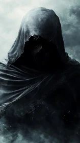Shrouded wraith in tattered hood amid swirling storm fog.