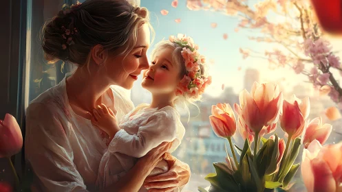 Woman and child with flowers near window.