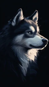 Husky portrait glows against deep shadowed background.