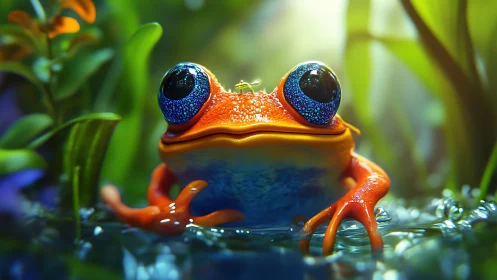 Bright eyed orange frog rests peacefully in glowing pond