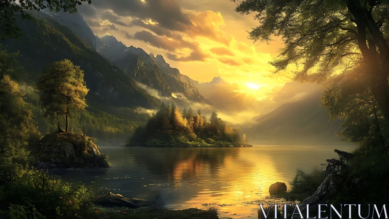 Golden sunset illuminates misty alpine lake and forest island
