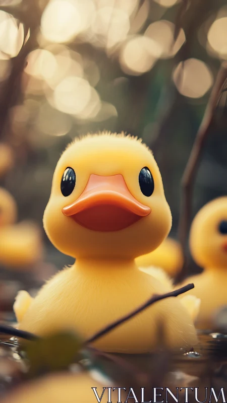 Golden rubber duck glows softly in dreamy bokeh pond.