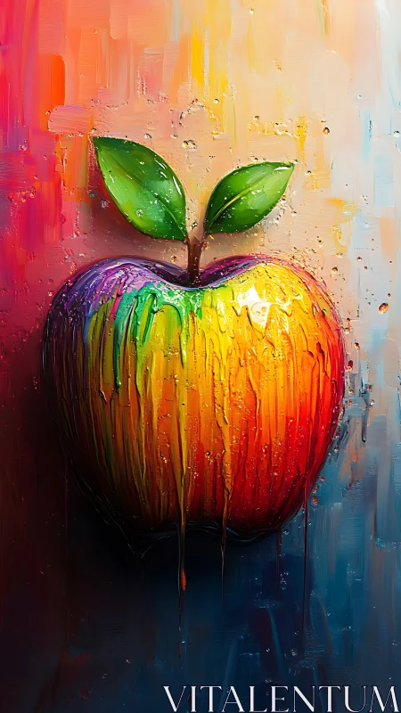 Radiant rainbow apple glows against a dreamy painted sky
