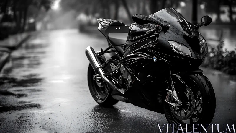 Rain-soaked superbike waits like a restless shadow on asphalt