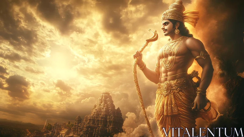 Golden warrior deity stands guard above ancient temple city.