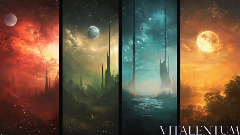 Four vertical fantasy skies with moons and distant spires.