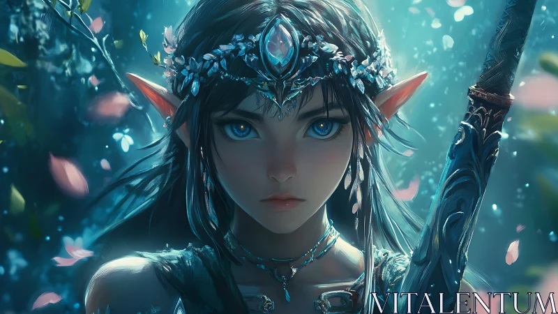 Elf warrior princess holds crystal staff in glowing forest