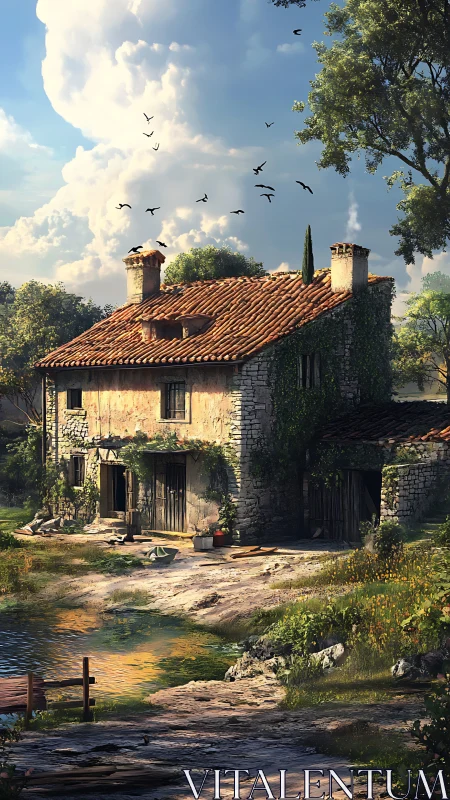 Stone rural house beside pond under tall summer trees.