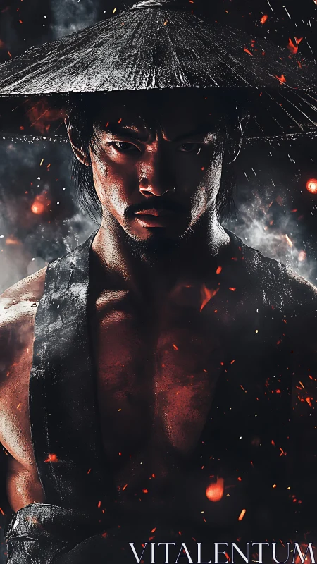 Samurai warrior stands in dark smoke with rising embers